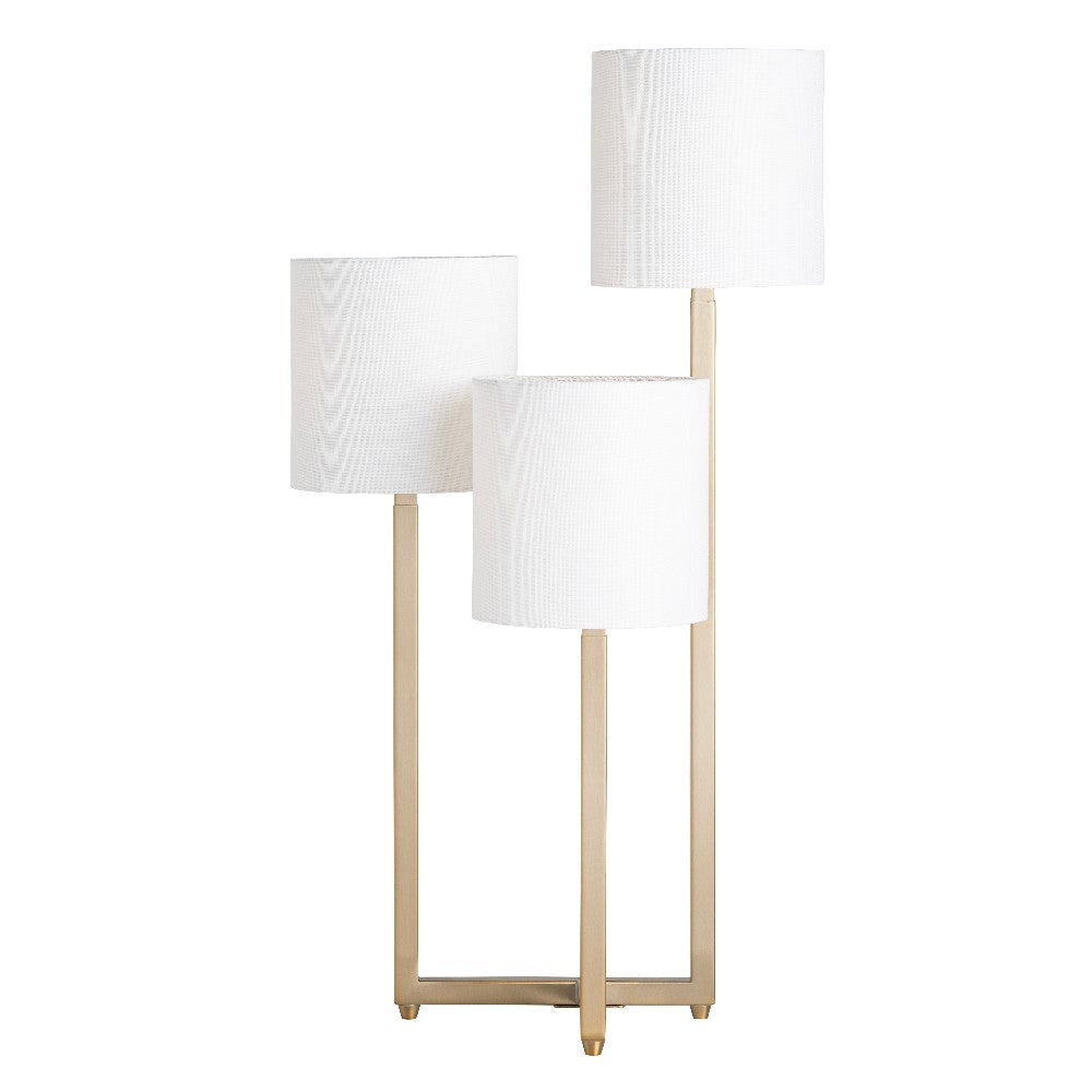 Barney Three Light Accent Table Lamp | White Linen Shades | Brass Metal