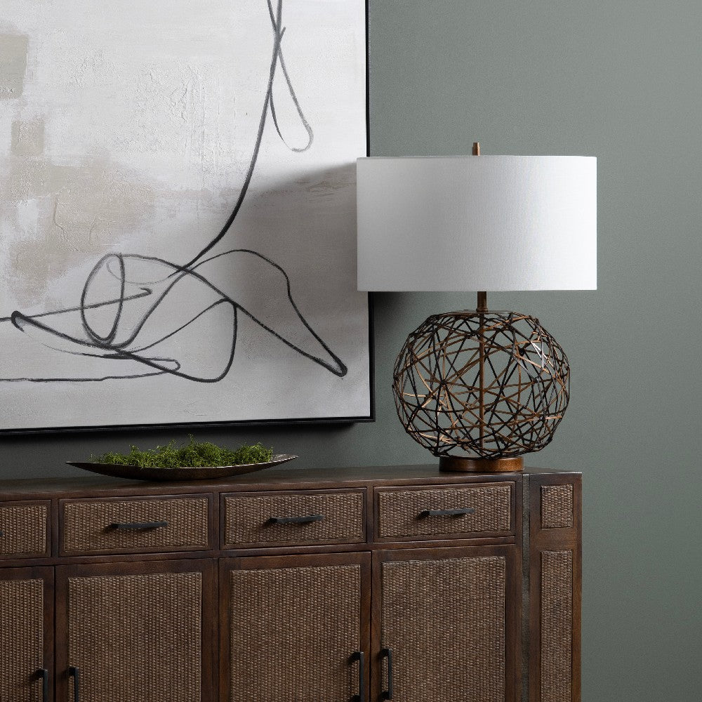 Tara Table Lamp | White Drum Shade | Woven Faux-Leather and Copper Metal