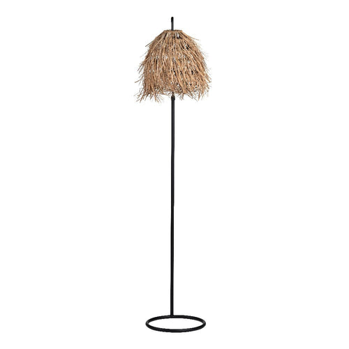 Siki Floor Lamp with Tan Layered Raffia Shade | Black Lacquered Metal