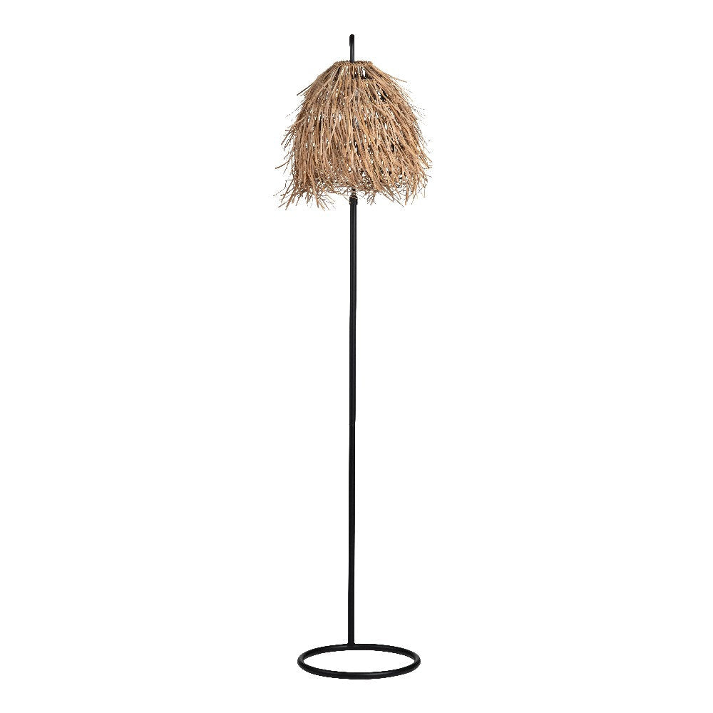 Siki Floor Lamp with Tan Layered Raffia Shade | Black Lacquered Metal