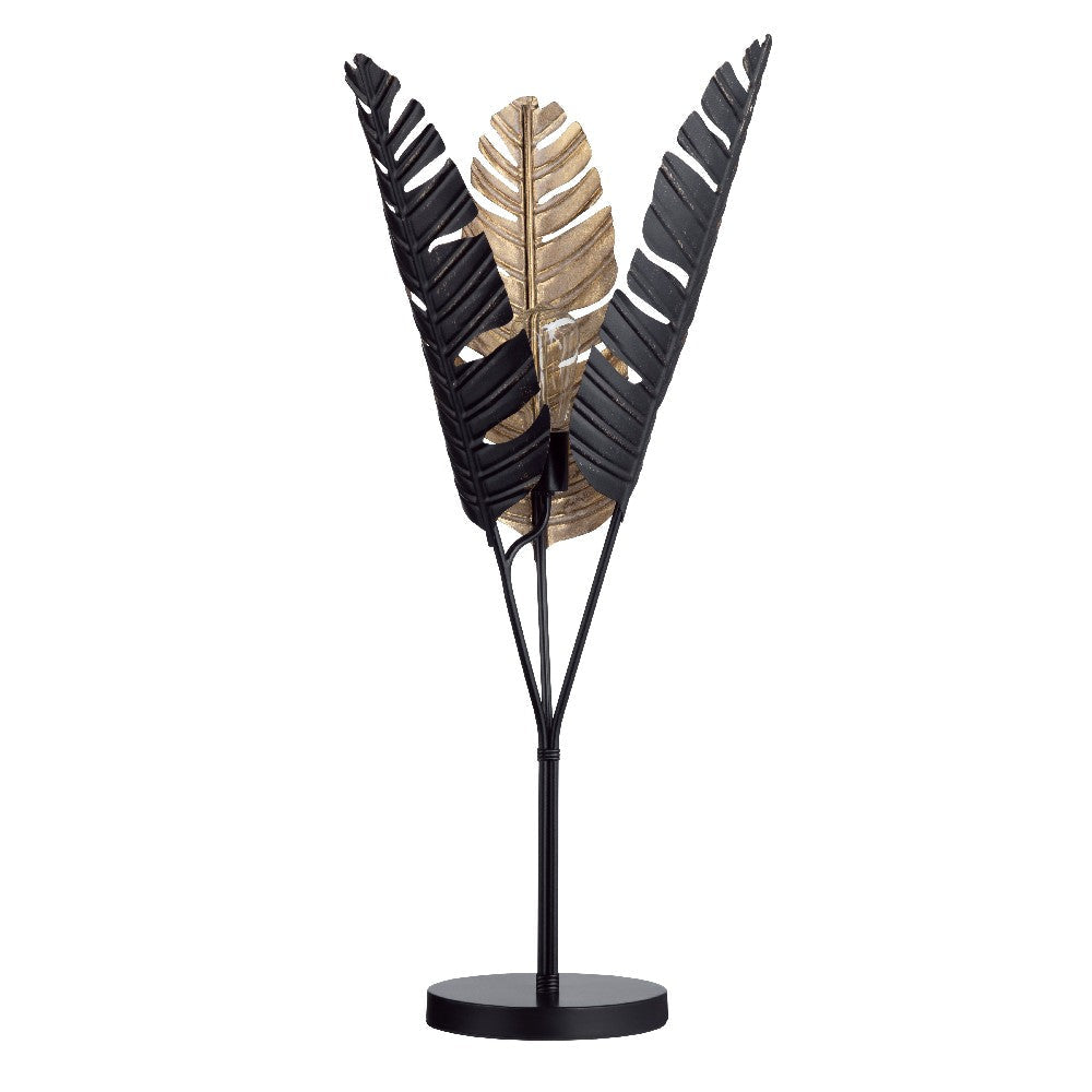 Rocky Table Lamp with Embossed Palm Frond Shade | Black Gold Metal