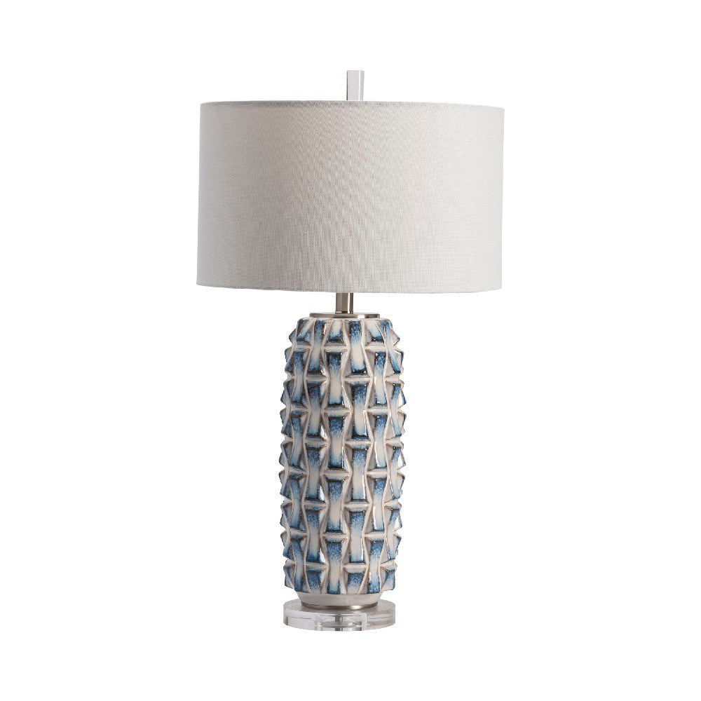 Jacky Table Lamp | Raised Blue-White Patterned Crystal | White Shade