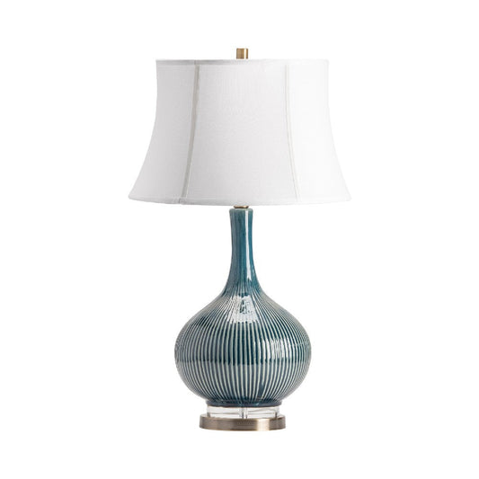 Nona Table Lamp | Ribbed Textured Teal Blue Ceramic | Off-White Shade