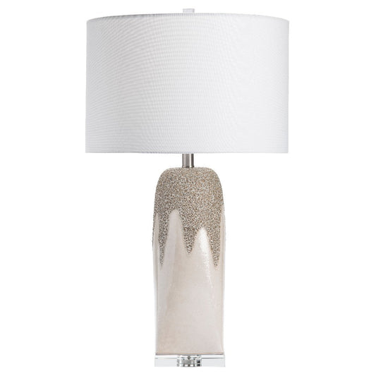 Riny Table Lamp with White Linen-Faux Silk Drum Shade | Cream Ceramic
