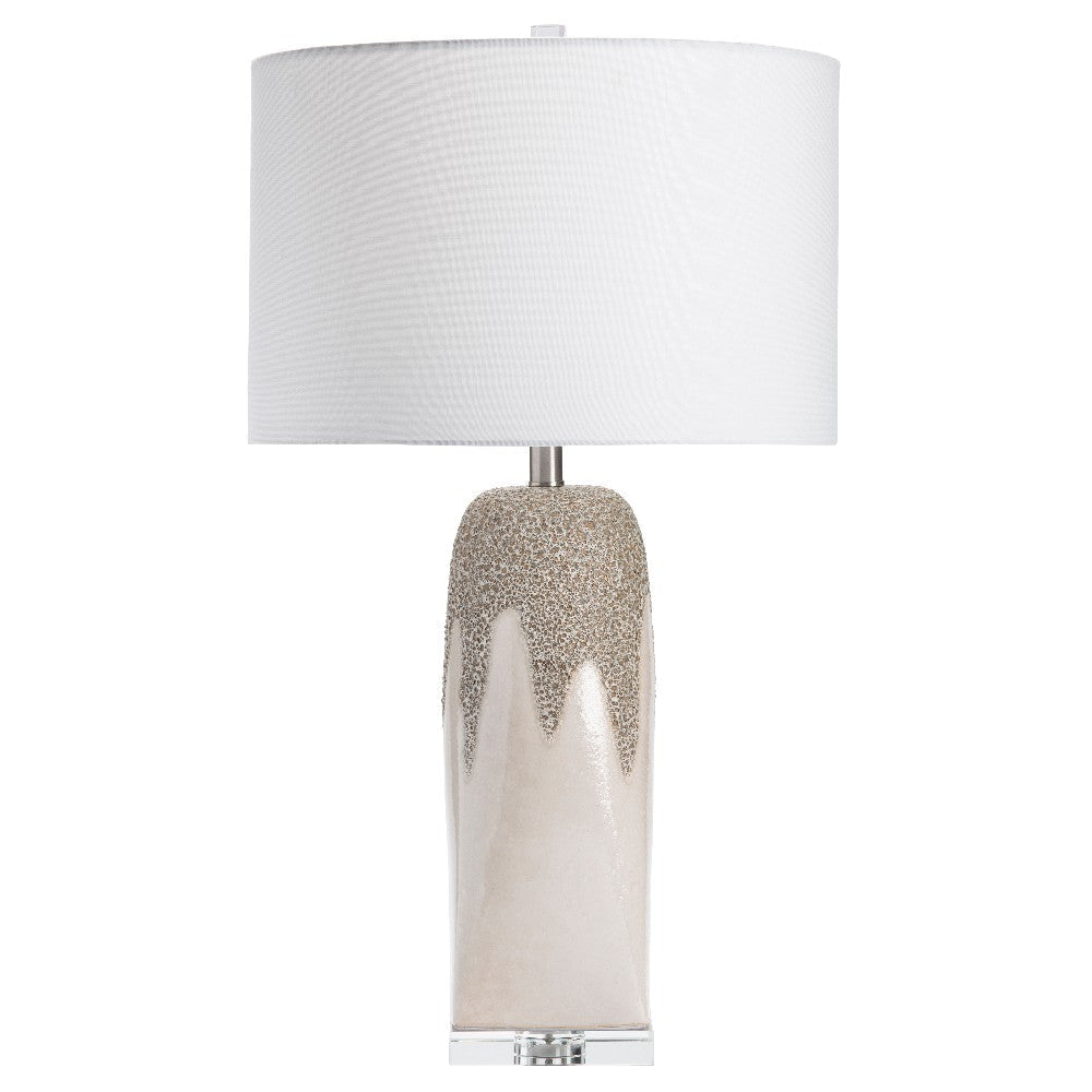Riny Table Lamp with White Linen-Faux Silk Drum Shade | Cream Ceramic