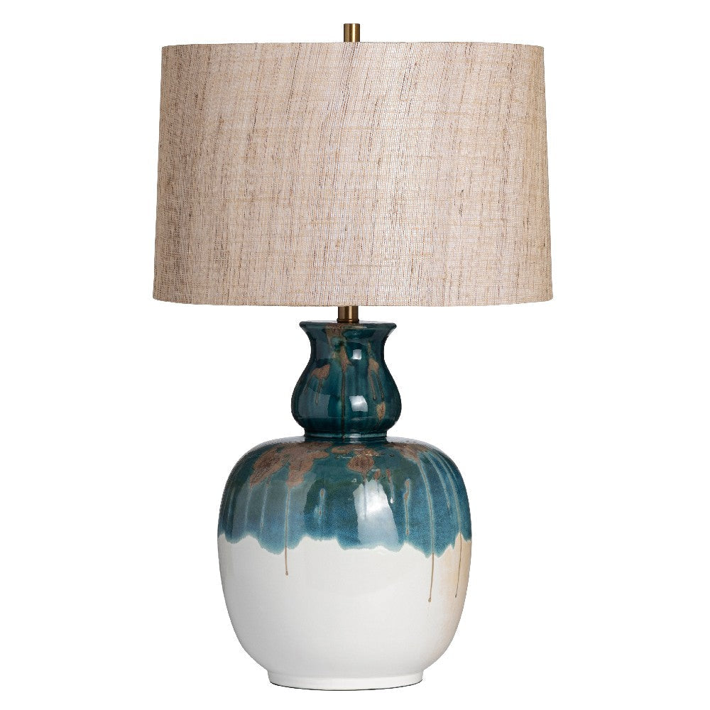 Reggy Table Lamp | Brown Hardback Drum Shade | Teal Blue Drips | White Ceramic CCL-CVAZP071