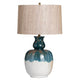 Reggy Table Lamp | Brown Hardback Drum Shade | Teal Blue Drips | White Ceramic CCL-CVAZP071