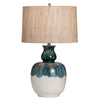 Reggy Table Lamp | Brown Hardback Drum Shade | Teal Blue Drips | White Ceramic CCL-CVAZP071