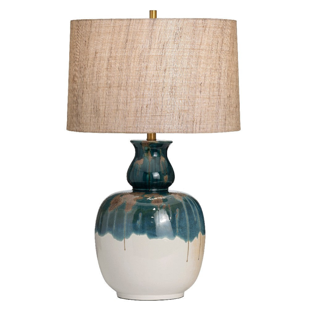 Reggy Table Lamp | Brown Hardback Drum Shade | Teal Blue Drips | White Ceramic CCL-CVAZP071