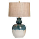 Reggy Table Lamp | Brown Hardback Drum Shade | Teal Blue Drips | White Ceramic CCL-CVAZP071