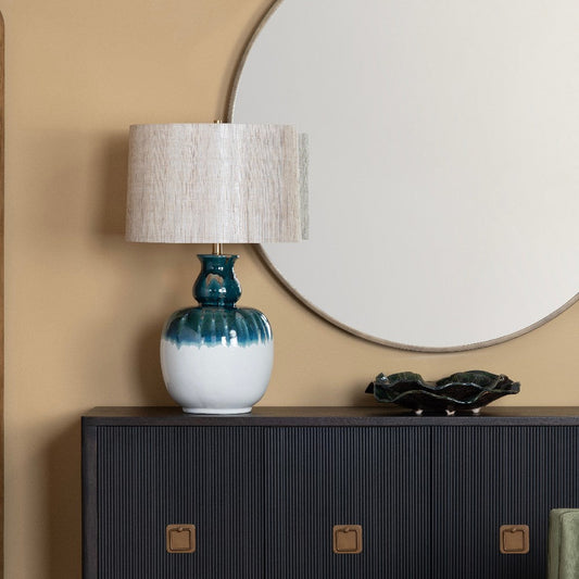 Reggy Table Lamp | Brown Hardback Drum Shade | Teal Blue Drips | White Ceramic