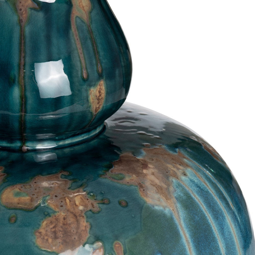 Reggy Table Lamp | Brown Hardback Drum Shade | Teal Blue Drips | White Ceramic