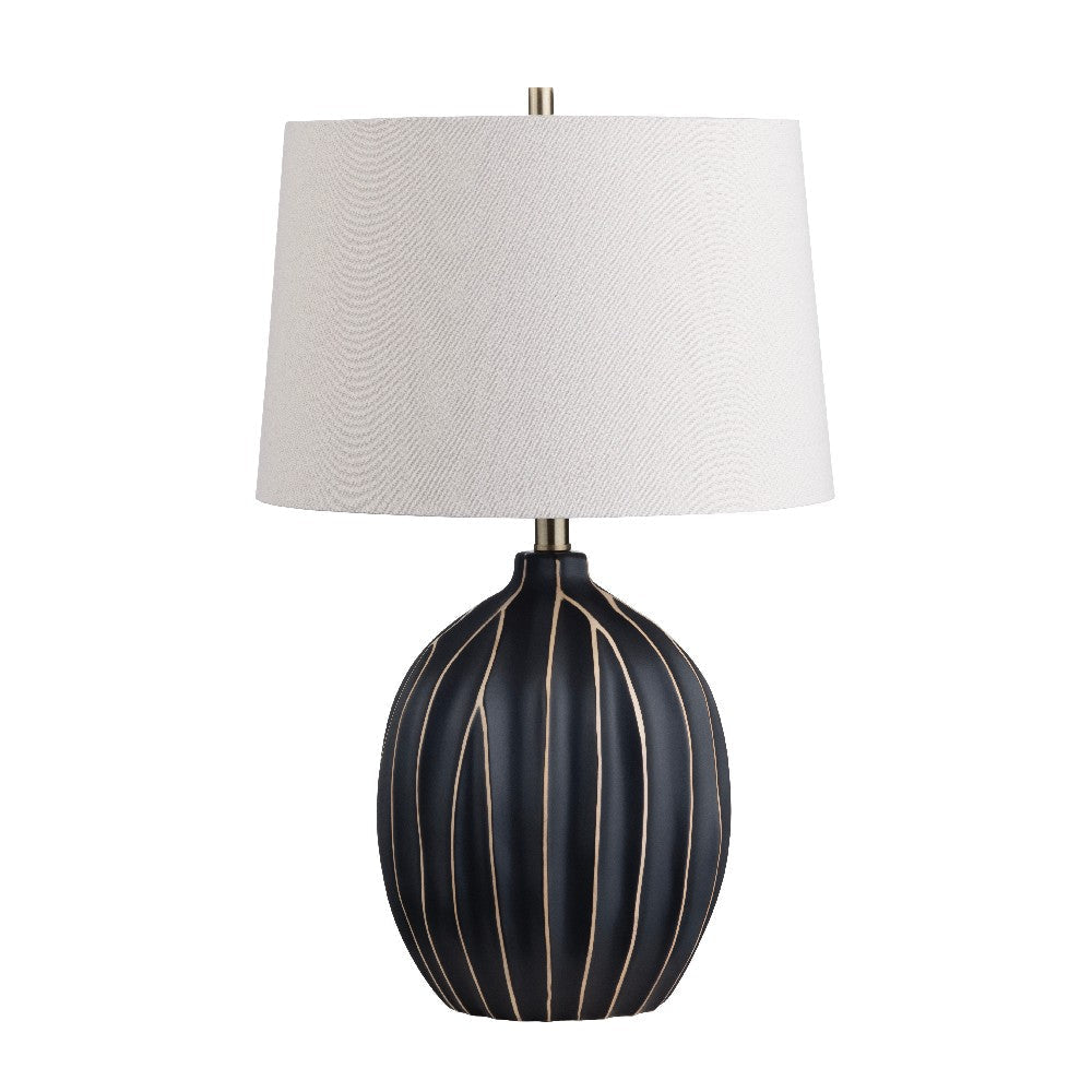 Jolie Table Lamp | Oatmeal-Hardback Linen Drum Shade | Black Ceramic