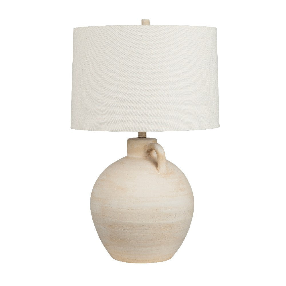 Welly Table Lamp | Tapered Linen Drum Shade | Urn Inspired Tan Ceramic