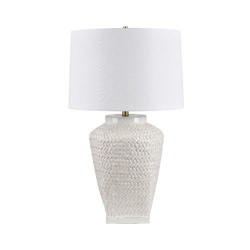 Wuzu Table Lamp | Drum Shade | Woven Wicker Pattern White Ceramic