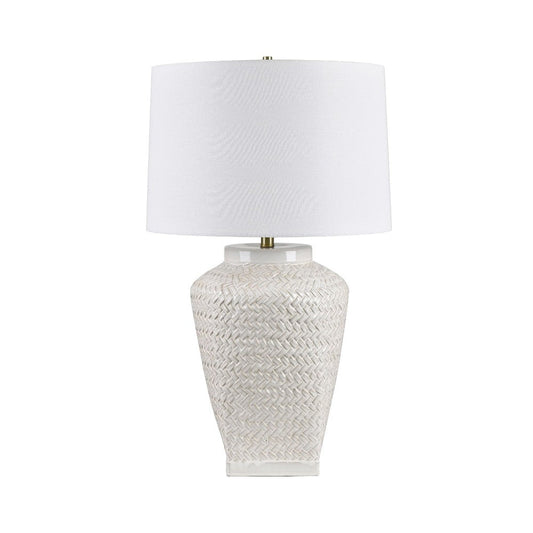 Wuzu Table Lamp | Drum Shade | Woven Wicker Pattern White Ceramic