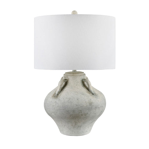 Rayla Table Lamp | White Linen Drum Shade | Antique Style Beige Ceramic