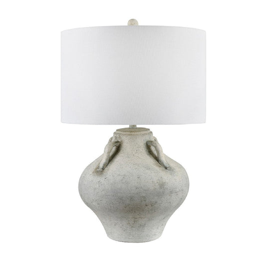 Rayla Table Lamp | White Linen Drum Shade | Antique Style Beige Ceramic
