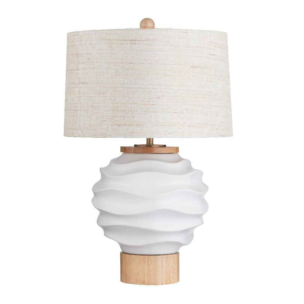 Addn Table Lamp | Textured White Ceramic & Natural Wood Base | Oatmeal Shade