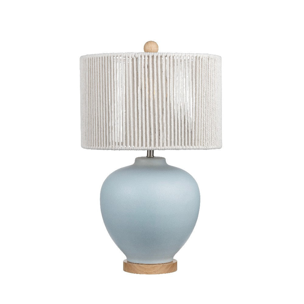 Tyrx Table Lamp | Tan Cotton Rope Drum Shade | Wood Base | Blue Ceramic