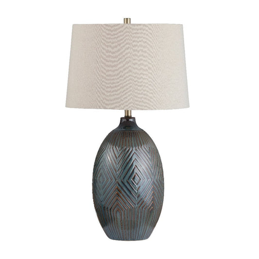 Xoro Table Lamp | Linen Shade | Brown Geometric Patterns | Green Ceramic