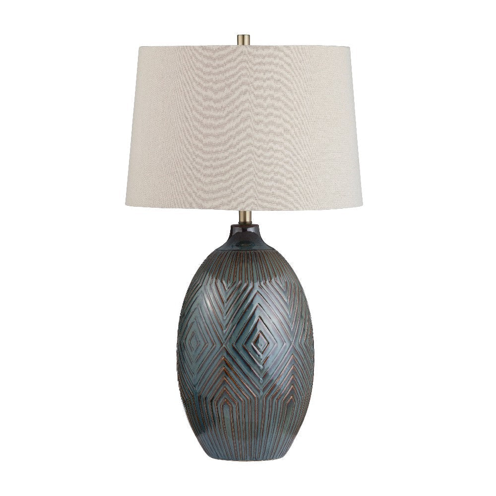 Xoro Table Lamp | Linen Shade | Brown Geometric Patterns | Green Ceramic
