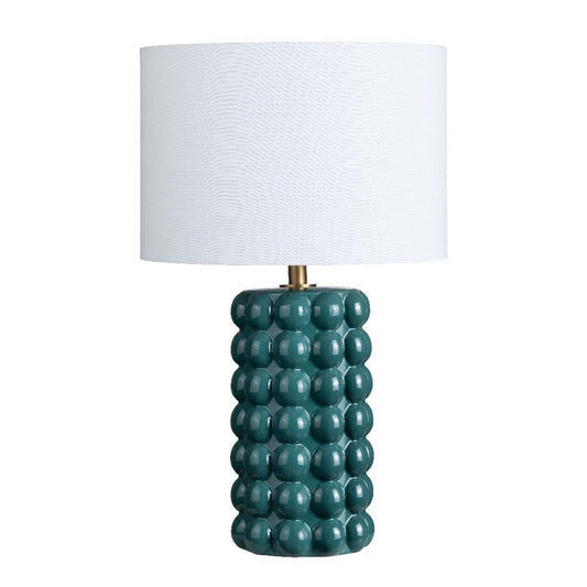 Cally Table Lamp with White Linen Drum Shade | Retro Green Teal Ceramic