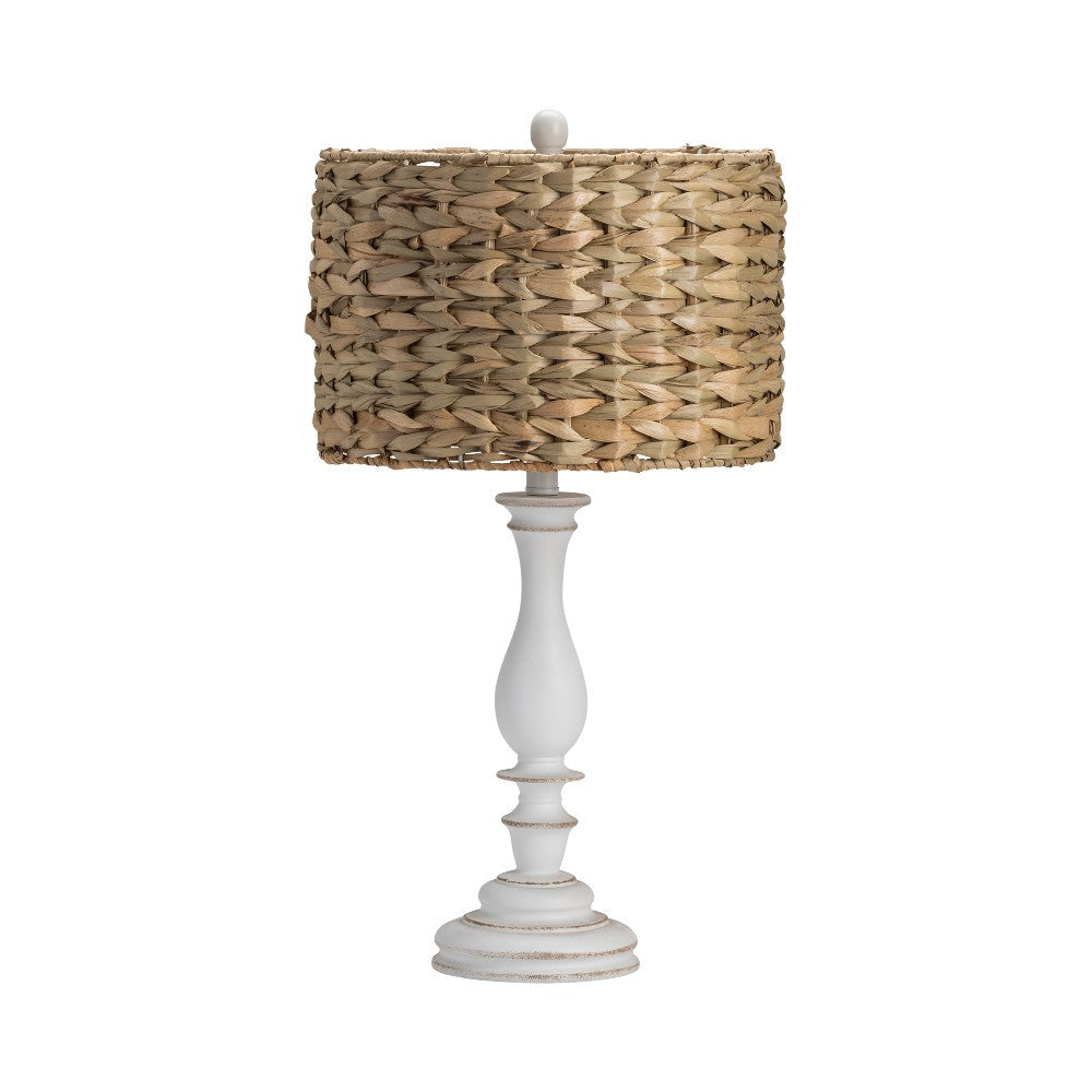 Table Lamp Set of 2 | White Resin Candlestick with Woven Raffia Shade