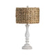 Table Lamp Set of 2 | White Resin Candlestick with Woven Raffia Shade