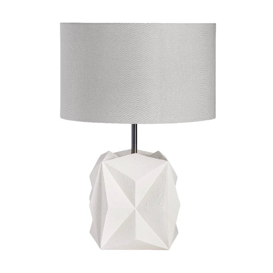 Table Lamp w White Resin Geometric Faceted Body and Gray Linen Shade