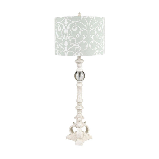 Buffet Lamp Set of 2 | White Ornate Base | Aqua Green Drum Shade
