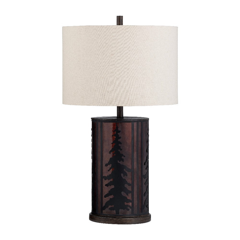 Table Lamp | Rustic Pine Tree Dark Bronze Base | White Drum Shade