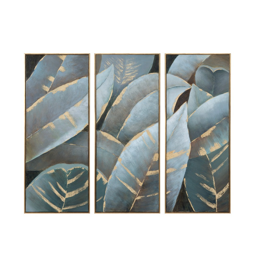 3pc Wall Art | Hand Painted Palm Leaves on Canvas | Blue & Gold Foil 21x51