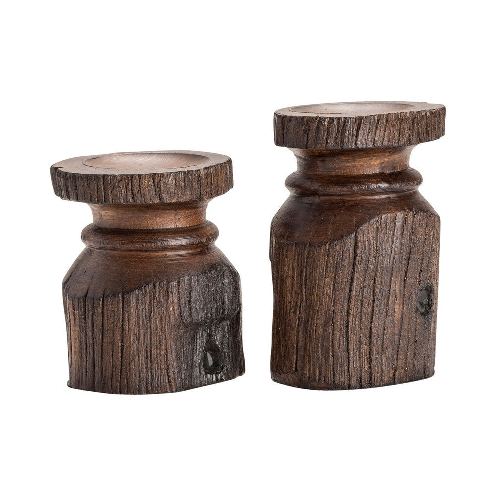 Crestview Candleholder Set of 2 | Distressed Brown Resin Barn Post Pillar Holders CCL-CVCHE713