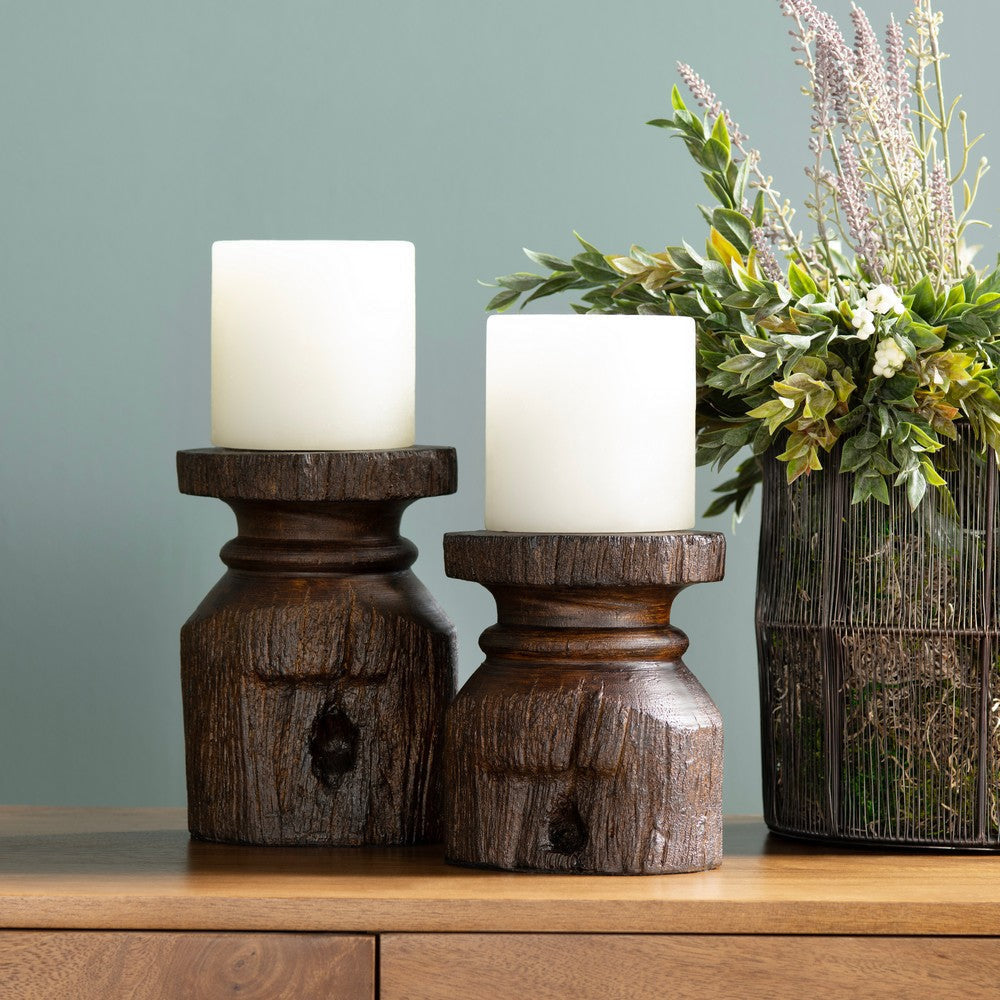 Crestview Candleholder Set of 2 | Distressed Brown Resin Barn Post Pillar Holders