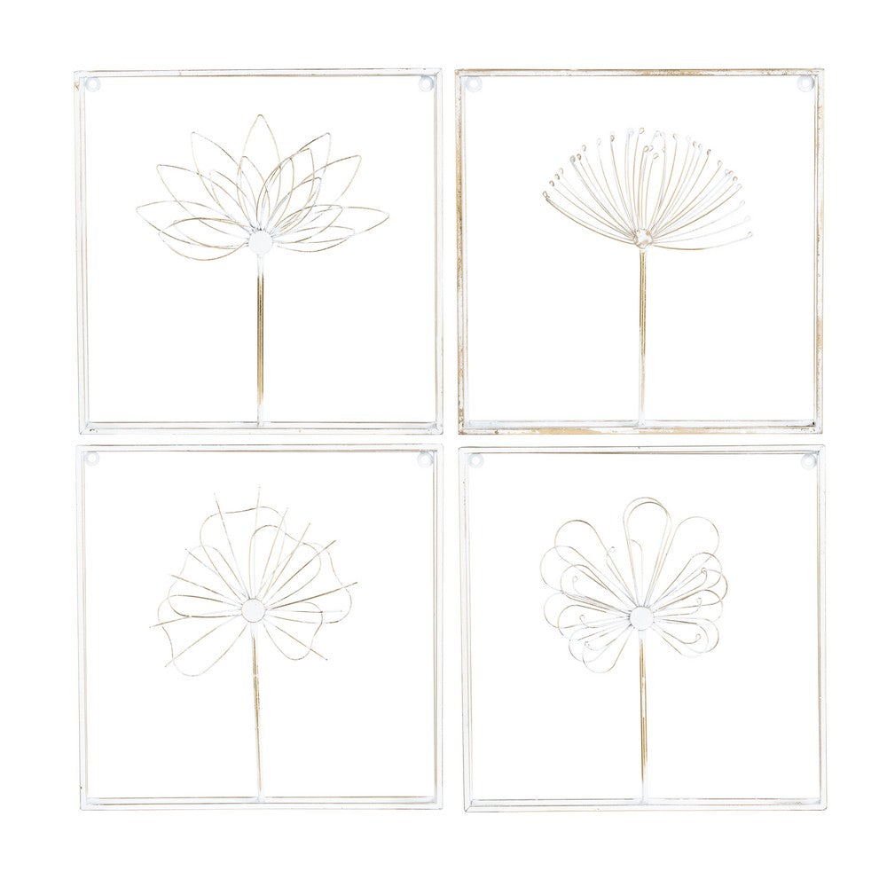 4pc Hanging Artwork | Framed Botanical Gold & White Metal | 15x15 Square