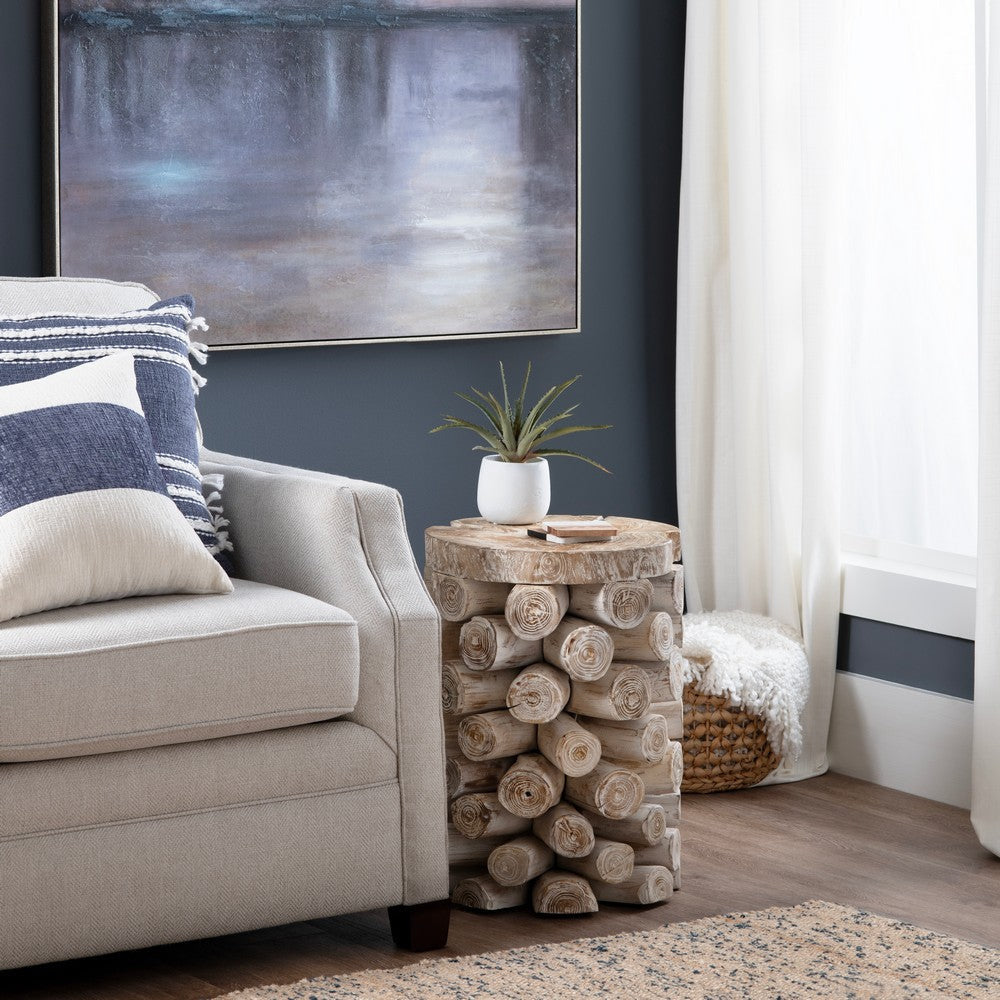 Crestview Roa Accent Table | 16’’ Round | Stacked Log Base | Whitewash CCL-CVFDR1015