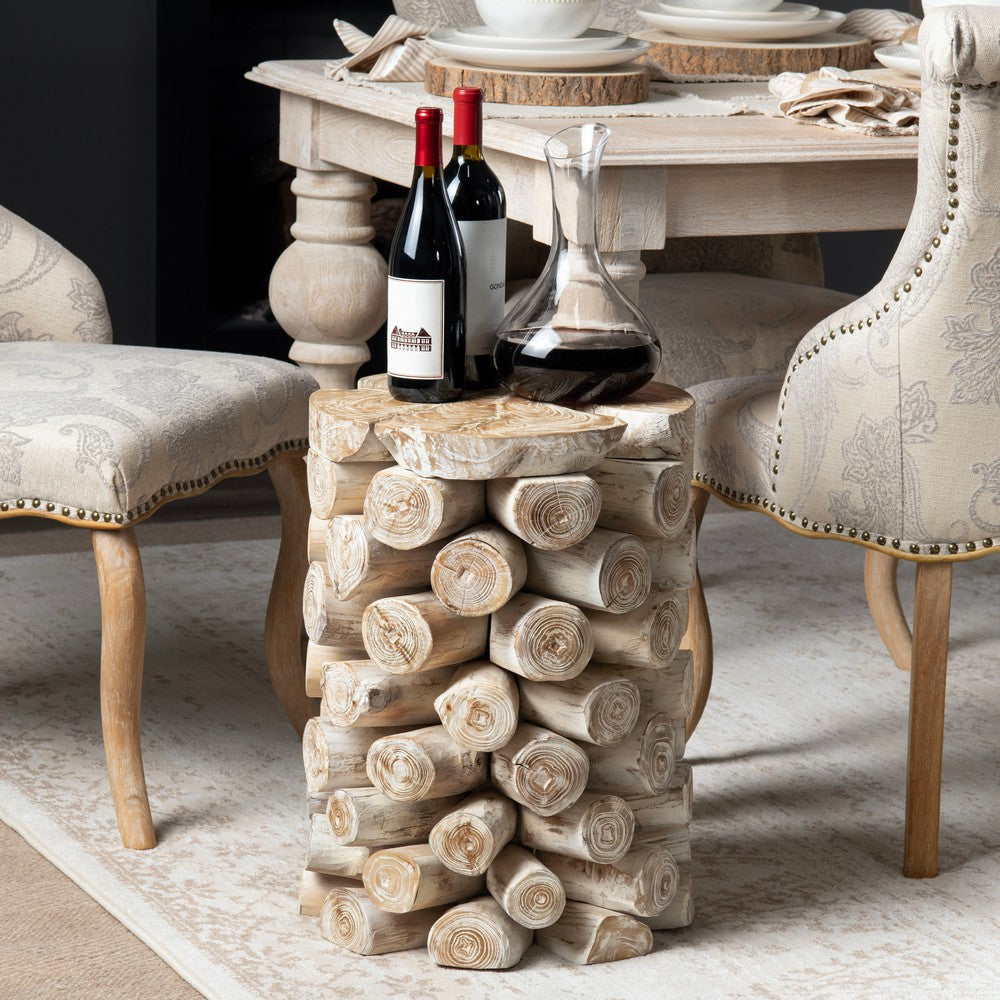 Crestview Roa Accent Table | 16" Round | Stacked Log Base | Whitewash