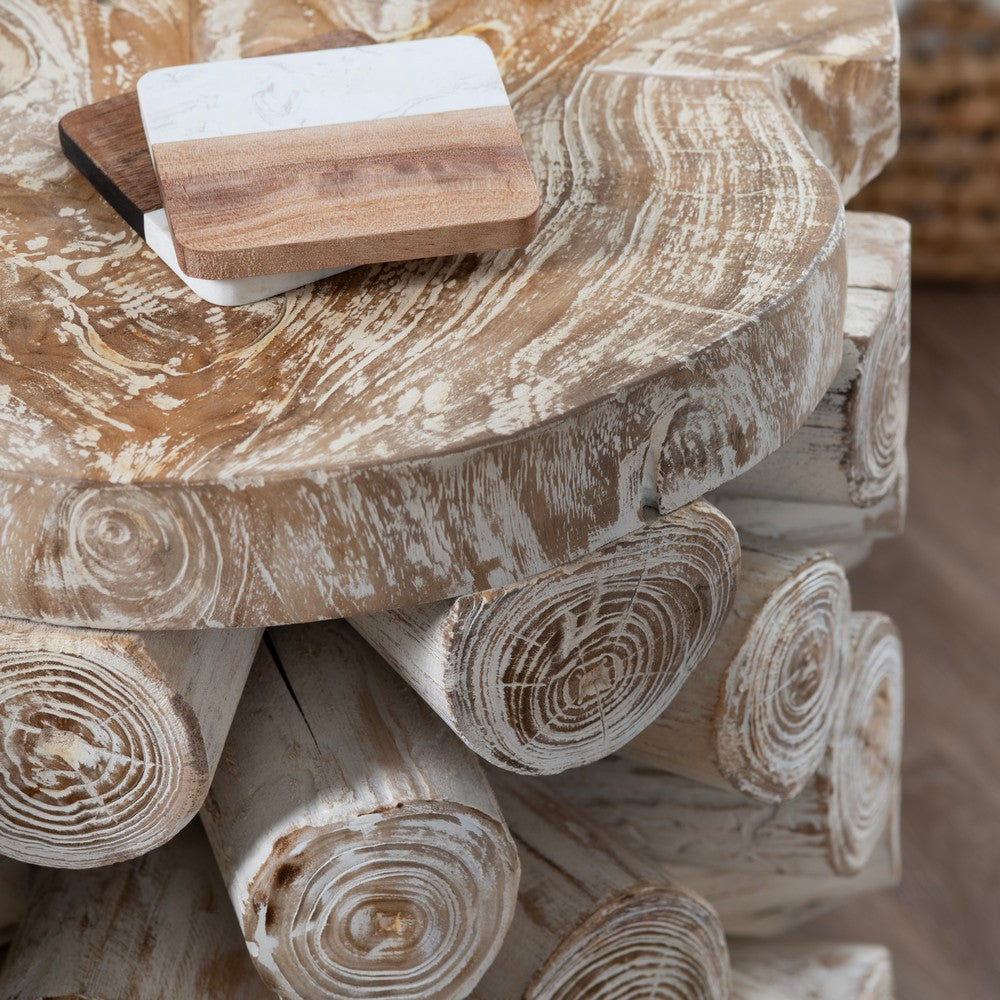 Crestview Roa Accent Table | 16’’ Round | Stacked Log Base | Whitewash CCL-CVFDR1015