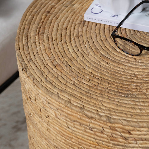 Rez Side End Table | 20" Woven Banana Rope Silhouette | Tan Brown