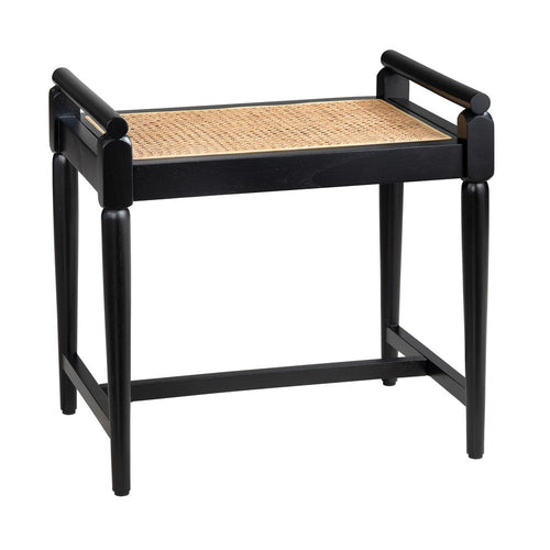 Pex Accent Bench Stool | 22" | Brown Woven Rattan Seat | Black Wood Frame