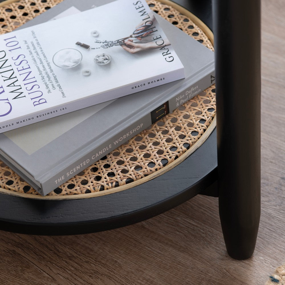 Pex Side End Table | 20’’ Round Top | Open Rattan Storage | Black Wood CCL-CVFDR1038
