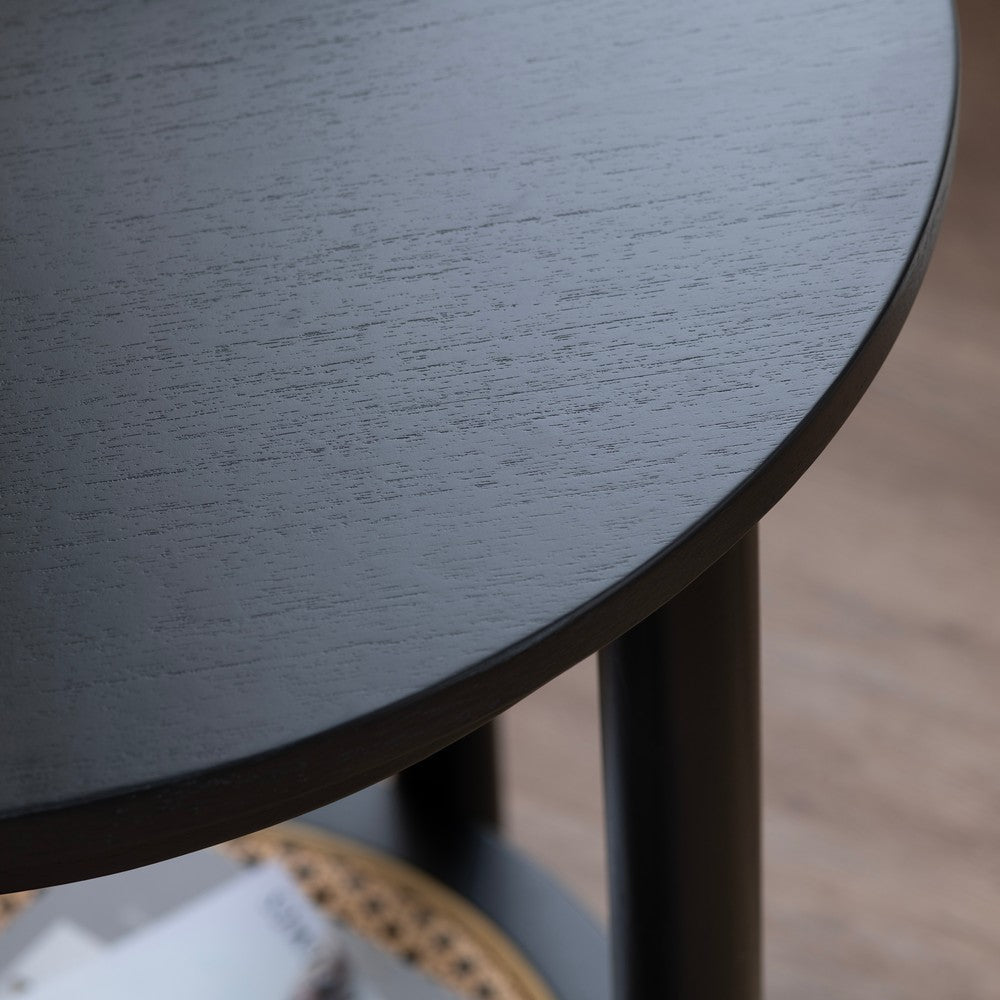 Pex Side End Table | 20’’ Round Top | Open Rattan Storage | Black Wood CCL-CVFDR1038