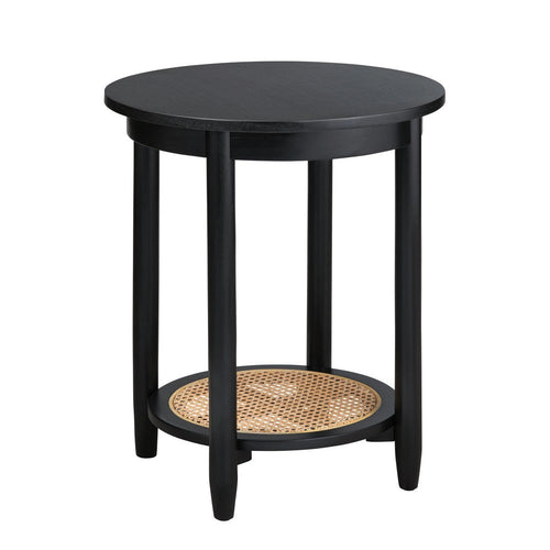 Pex Side End Table | 20" Round Top | Open Rattan Storage | Black Wood