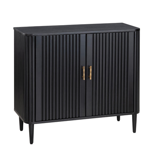 Camy Accent Cabinet | 2 Reeded Front Doors | Gold Handles | Black Solid Wood