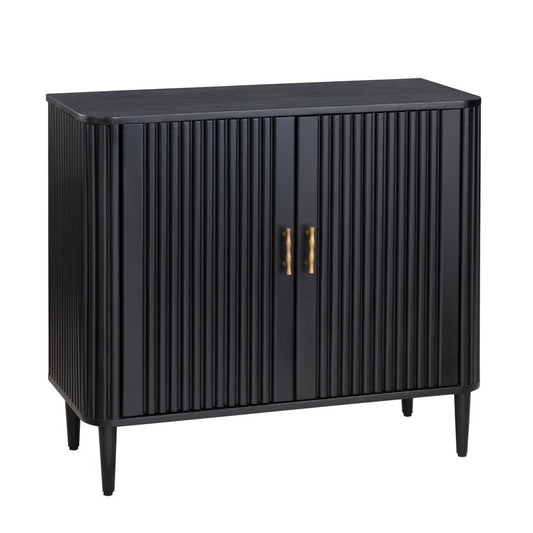 Camy Accent Cabinet | 2 Reeded Front Doors | Gold Handles | Black Solid Wood