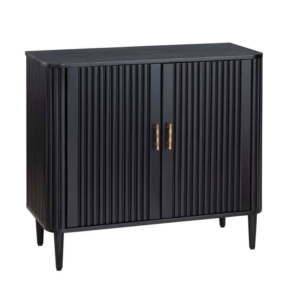 Camy Accent Cabinet | 2 Reeded Front Doors | Gold Handles | Black Solid Wood