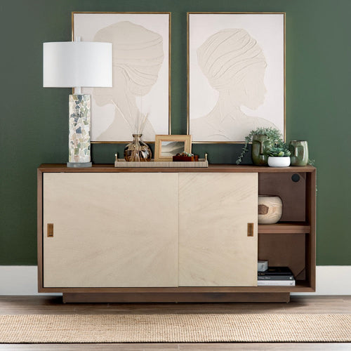 Crestview Loa Sideboard Cabinet | 2 Cream Sliding Doors | 65" Brown