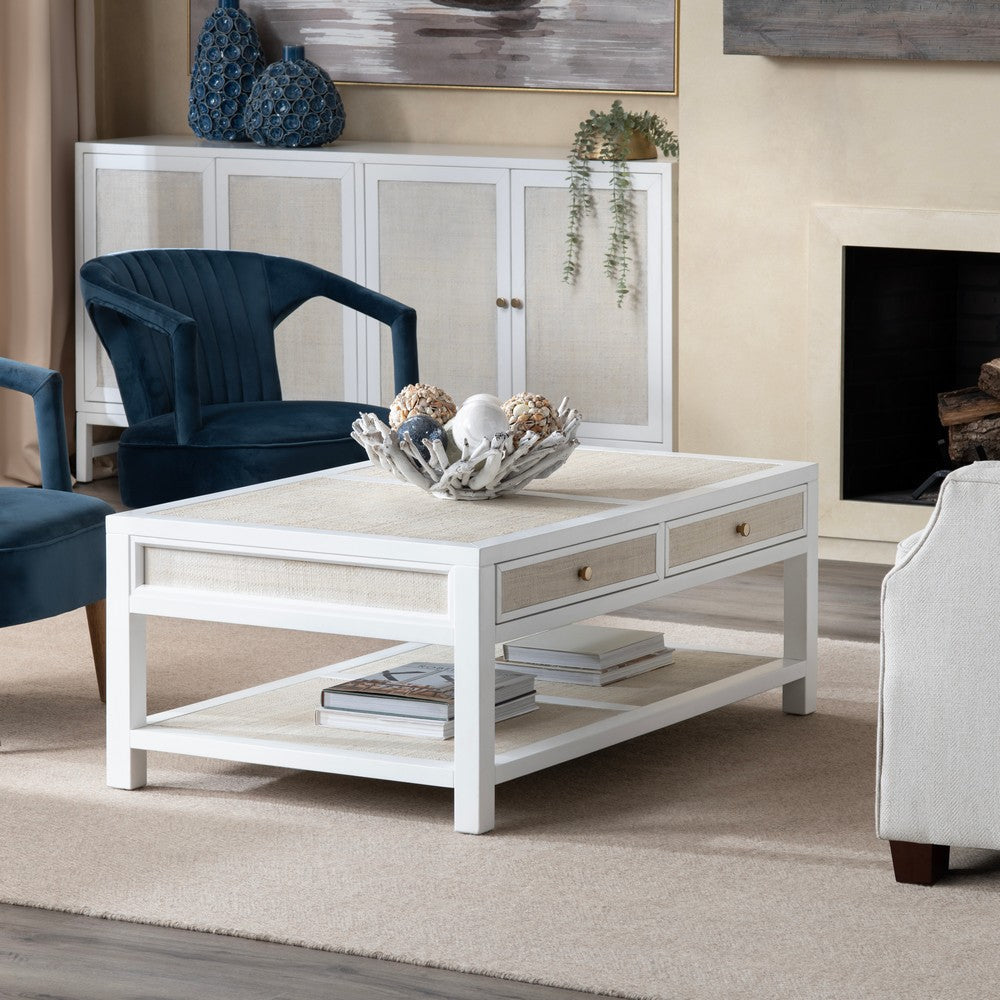 Crestview Seny Cocktail Coffee Table | 2 Rattan Drawers | 50’’ Whitewash CCL-CVFDR1150