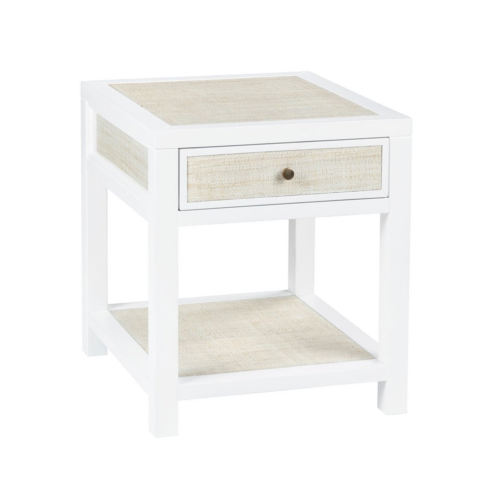 Seny 24" Side End Table | 1 Drawer w Raffia Open Shelf | White Wood